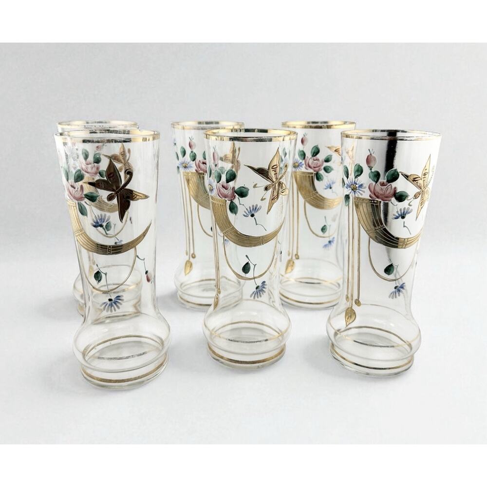 Antique Bohemian Set of 6 Enameled Tall Glasses Art Nouveau Butterflies 6" Tall